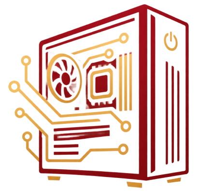 My new brand logo is ready, styled with your burgundy and gold palette over a custom PC case hardware icon